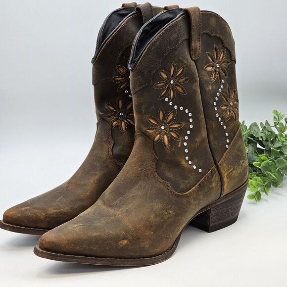 Sante Fe Western Boots Womens 11M Distressed Leather Rhinestone Cowgirl Festival - Picture 3 of 13